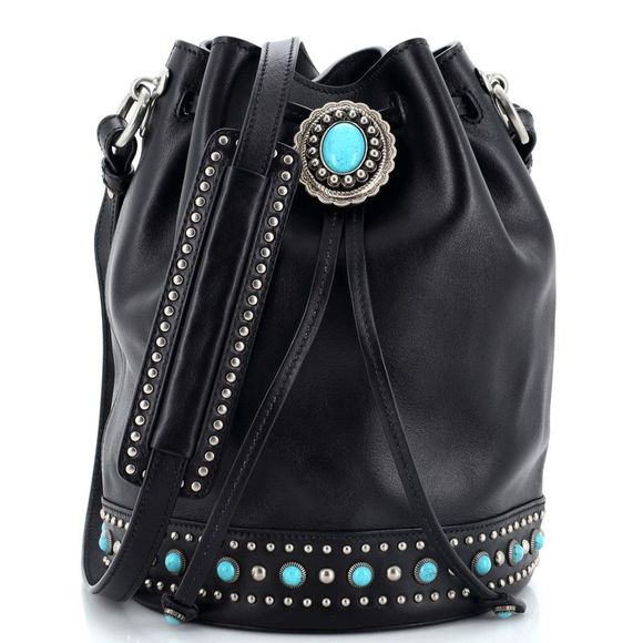 Prada Handbags - Black Leather Bucket Bag with Turquoise Stud Accents